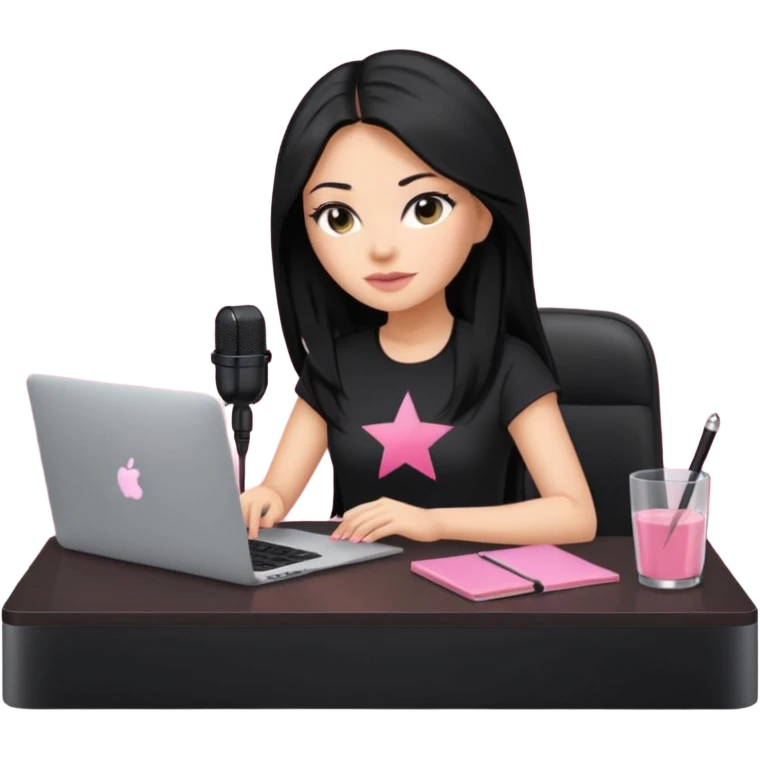 tanned long black hair woman, sat at desk with pink MacBook, podcast microphone black top and pink, sexy, glass table emoji