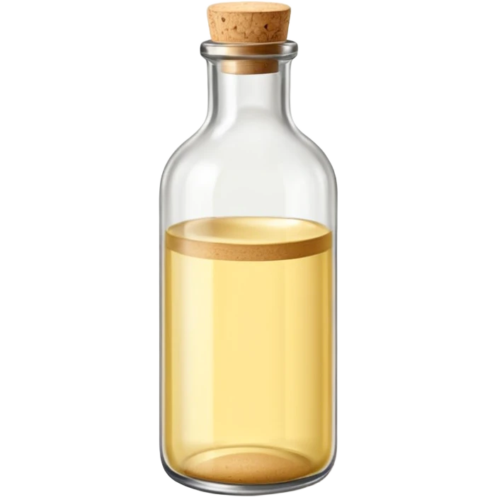 simple glass bottle with pale golden liquid inside, capped with a cork or screw cap, slender practical shape, soft label suggesting everyday use, clear light yellow hue visible through the glass, no glass, pour, or branding, closed bottle, soft lighting, subtle shadows, emoji scale emoji