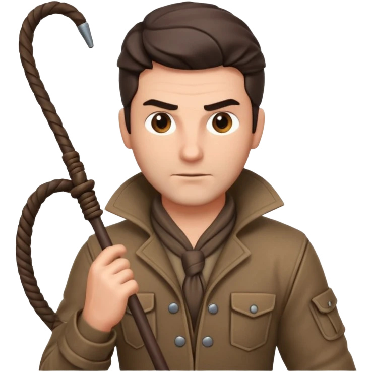 man with a whip portrait, head and shoulders only, whip coiled on shoulder, rugged outfit, confident look, 3D cartoon, mobile game icon style, clean background, no text, no watermark
 emoji