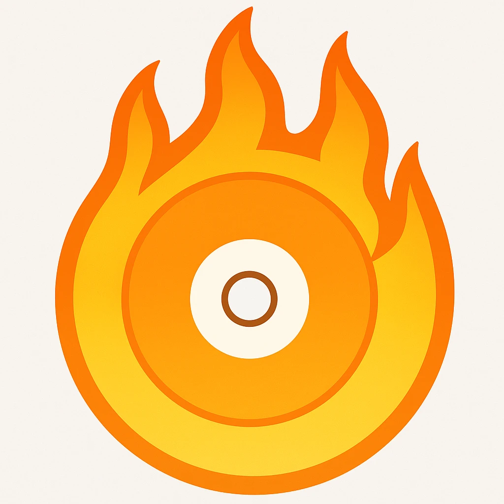 A minimalist CD disc with a subtle fire design, emoji style, orange flames, with taller flames emoji