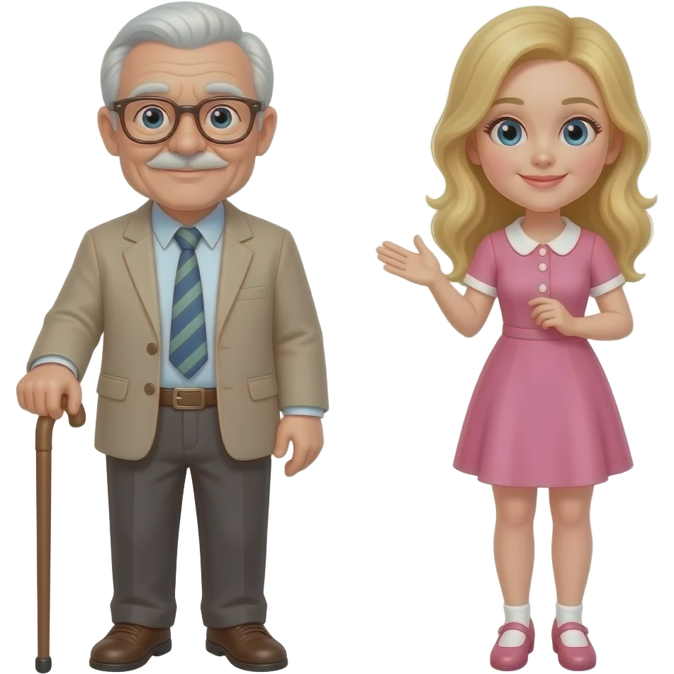 Old, elderly man with glasses and cane with young blonde girlfriend in pink dress emoji