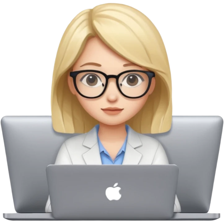 노트북 앞에 앉아있는 귀여운 여자 개발자 스타일로.  emoji