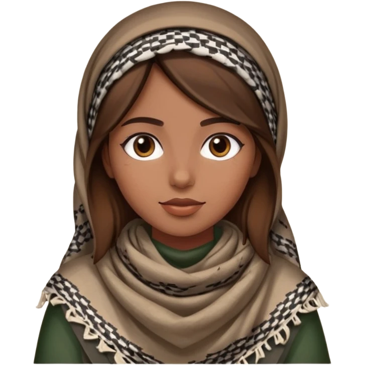 A girl wearing a Palestinian keffiyeh, brown hair, and beautiful  emoji