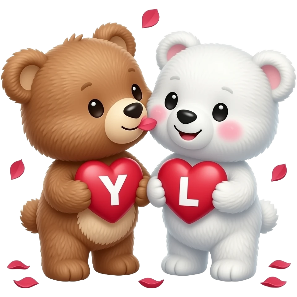 I want one light brown bear teddy kissing on cheek white bear teddy both holding heart , both a little furry, the  white bear blushes and smiles , add letter Y to the heart of the brown bear and letter L to the heart of the white bear , raining rose petals emoji