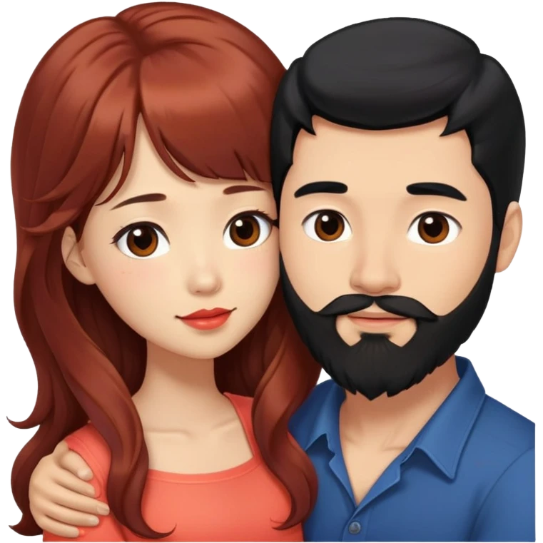 tall handsome mixed white asian man with long black hair and beard, hugging cute tan skin woman with long wavy reddish brown hair with bangs and coral lipstick emoji