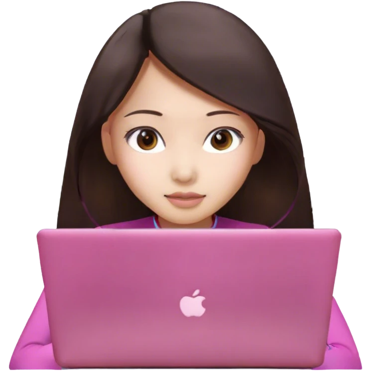 Long hair Brunette Asian girl working pink laptop emoji