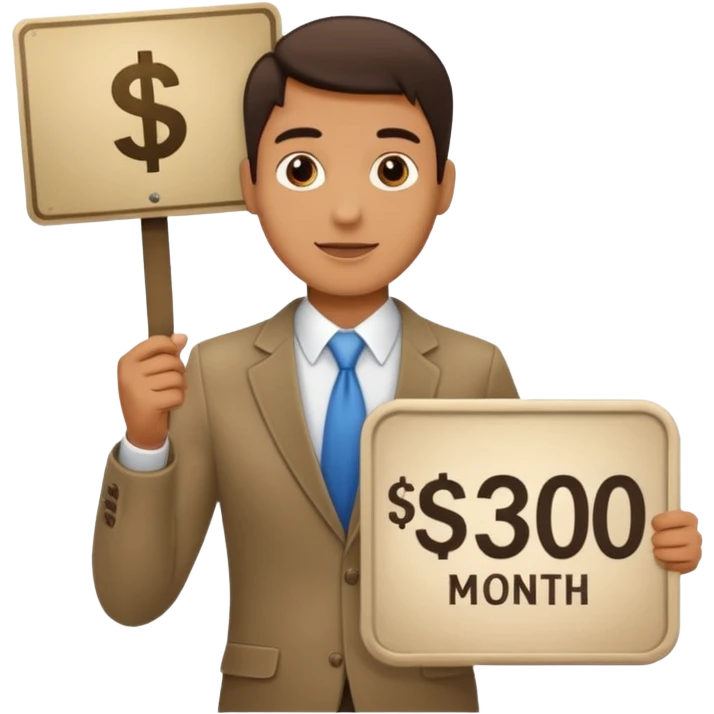 guy proudly holding a sign showing $30,000/month emoji
