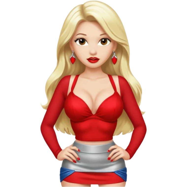 Blond female.long hair. Big tits. Red lips. Red bra. No top. Silver earrings. Mini skirt. High heels. Sexy pose emoji