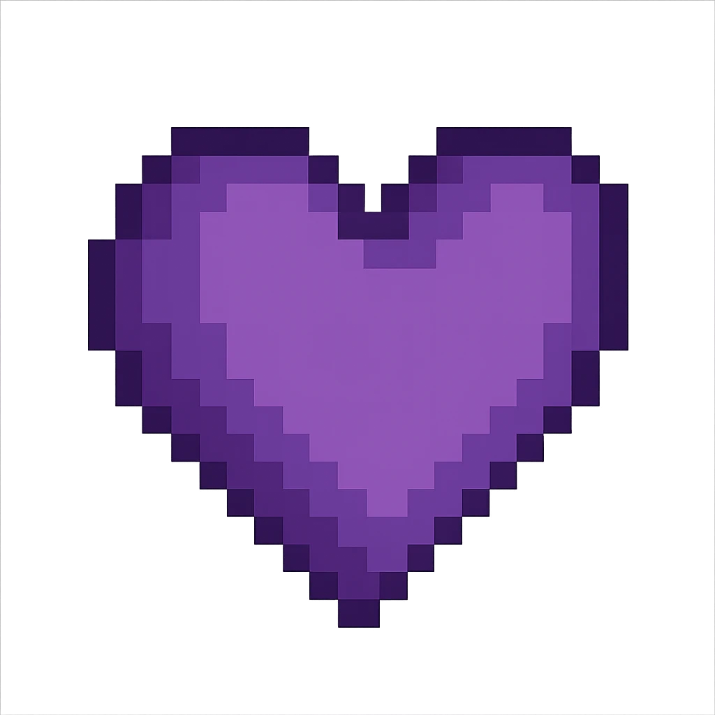 Create a pixel art heart in purple color with no background. The style should resemble pixel art. emoji