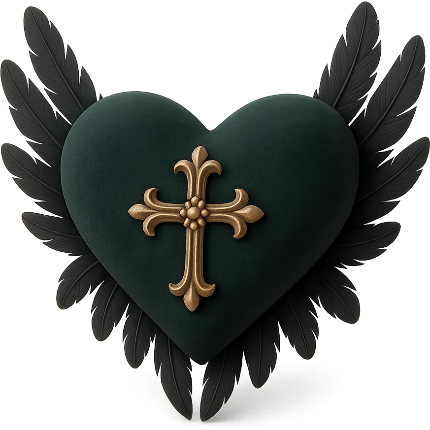 gothic heart in 3D black style, dark emerald velvet texture, silver cross ornament, feather details, lush and gothic style emoji