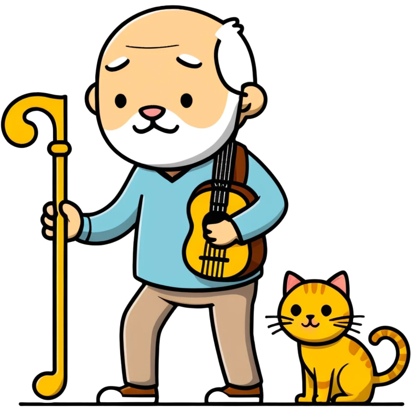  old blind man and his walking stick and guitar ￼ with golden cat  emoji