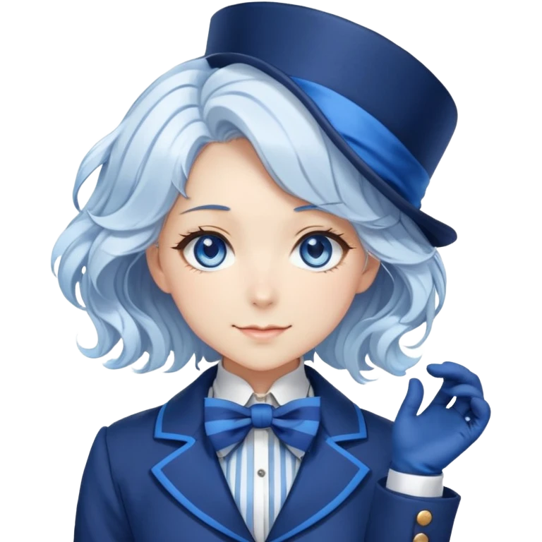 Beautiful gorgeous anime lady with white wavy hair with thin blue stripes, blue eyes, blue short top hat with a blue bow tie, smug grin, blue coat, blue cravat, white gloves emoji
