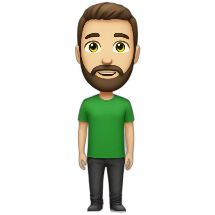 a medium and brown beard man. green eyes. black t-shirt emoji