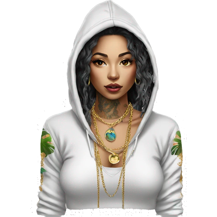 Trendy lady tropical baroque hoodie with tattoos and gold chain emoji