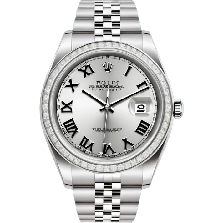 "Flat design emoji icon of a luxury silver Rolex Datejust watch, fully iced out with diamonds on the case and Jubilee bracelet, diamond pavé dial with black Roman numerals, isolated on a green circular background, clean vector style, high resolution." emoji