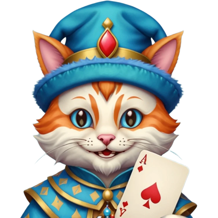 crazy colorful cute little cat jolly joker from poker, medieval, vintage, court jester, mac os icon, blue color, holds an ace poker card (clearly detailed and precise) emoji