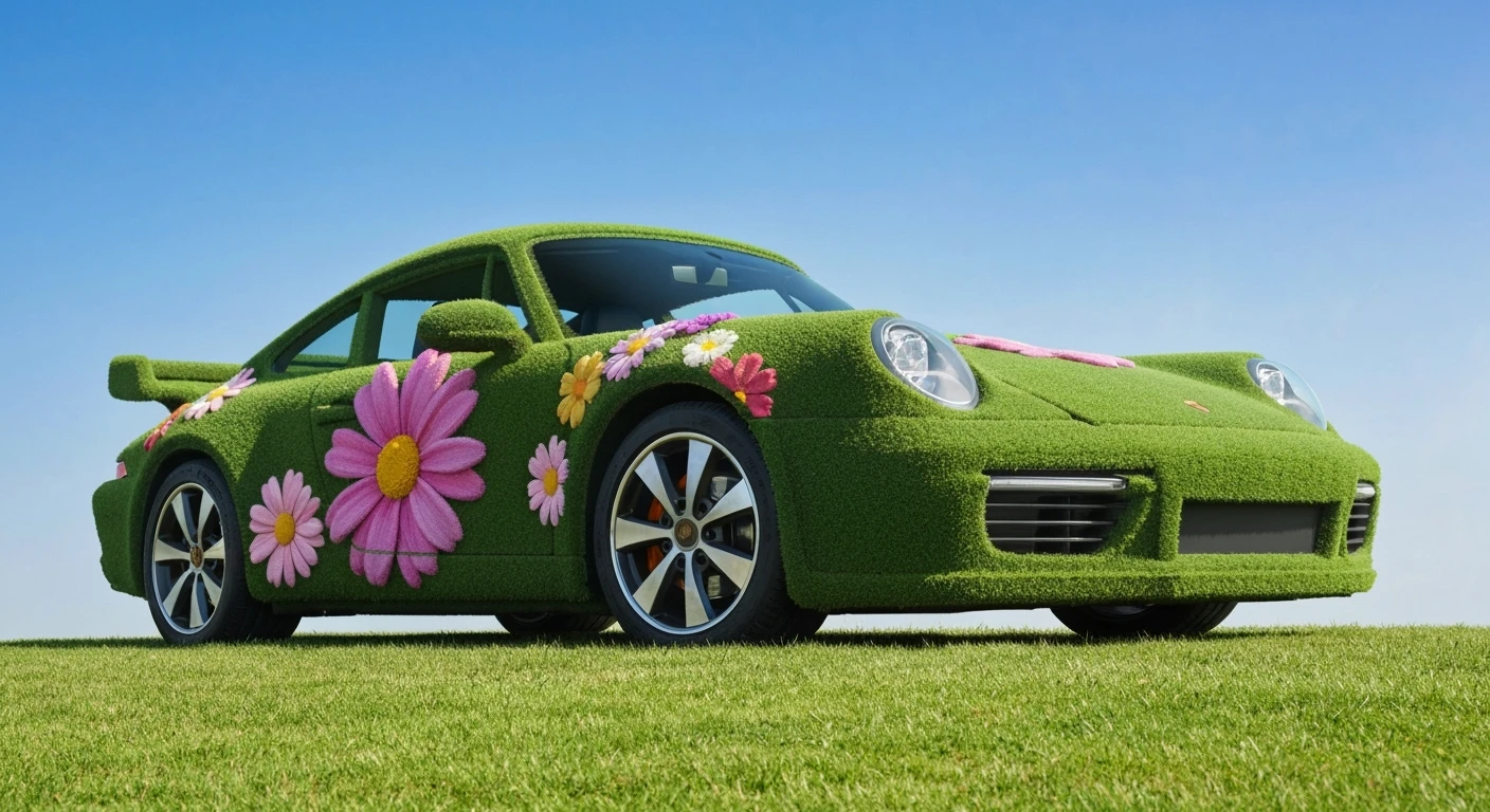 Closeup shot of a porsche 911, body of car made of grass and big colorfull flowers, green hill grass, blue clear sky, dutch angle, captured by ARRI 65 emoji