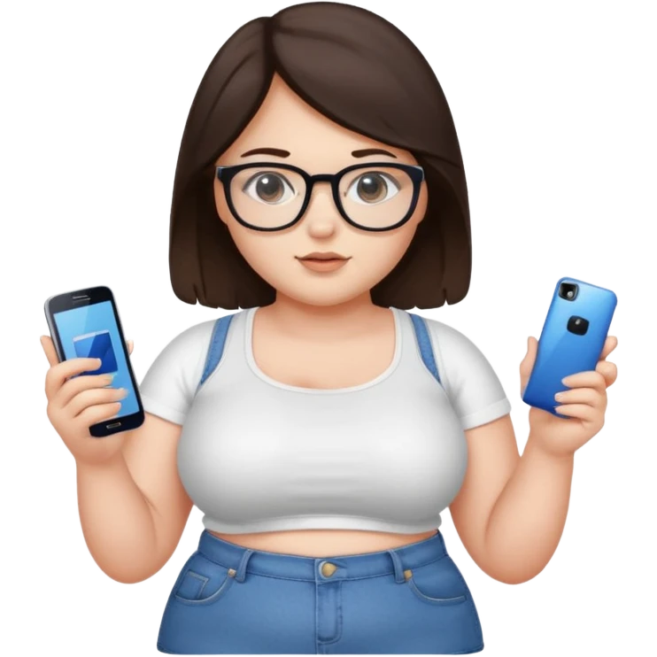 chica adolescente gordita ,pelo castaño oscuro,crop top blanco ,jeans vaqueros, espejuelos y un celular samsumg en su mano izquierda  emoji
