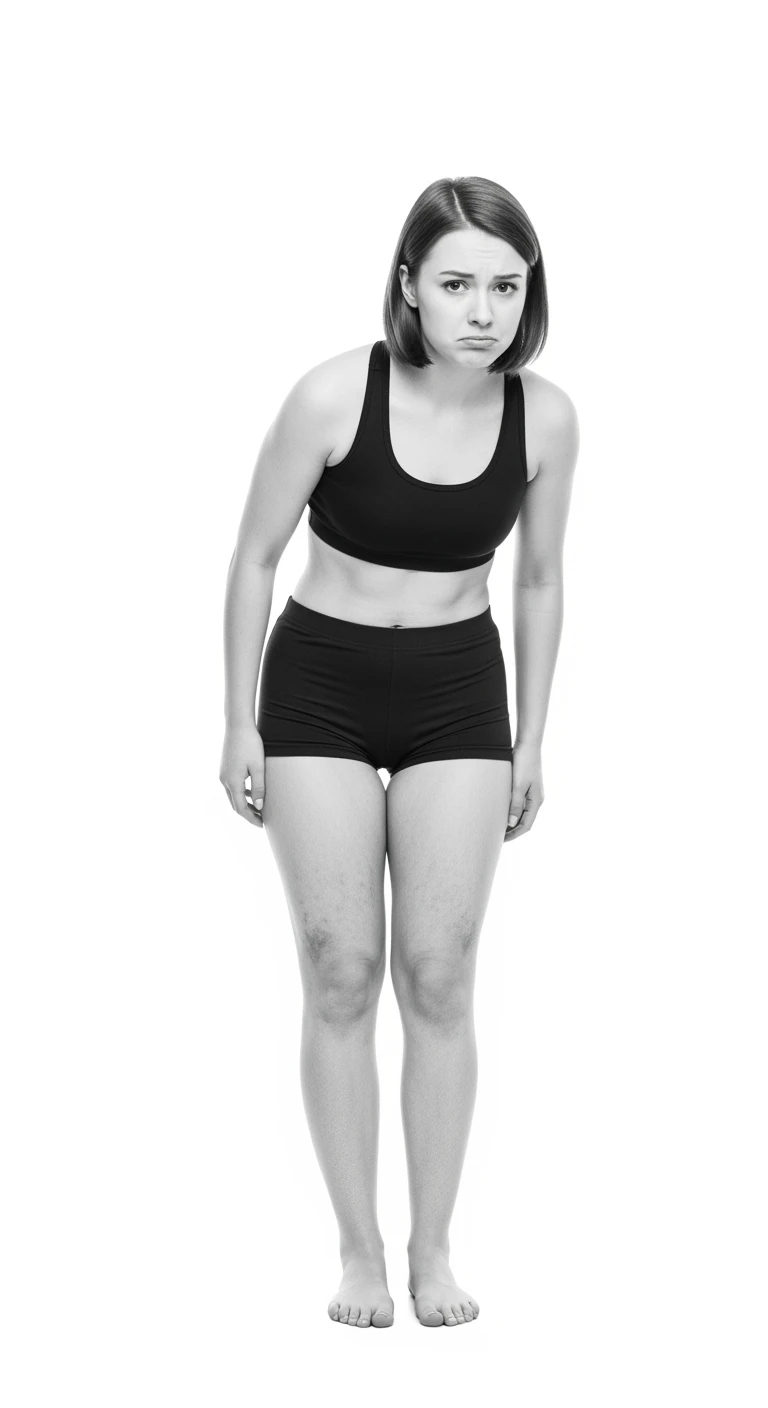 donna giovane con cellulite buchi di cellulite e ritenzione in gym short leggermente piegata in avanti, con espressione dispiaciuta in volto isolata su sfondo bianco emoji