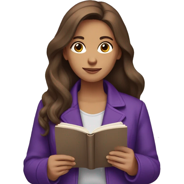 lady with brown long hair, brown eyes wearing a purple jacket reading a book emoji