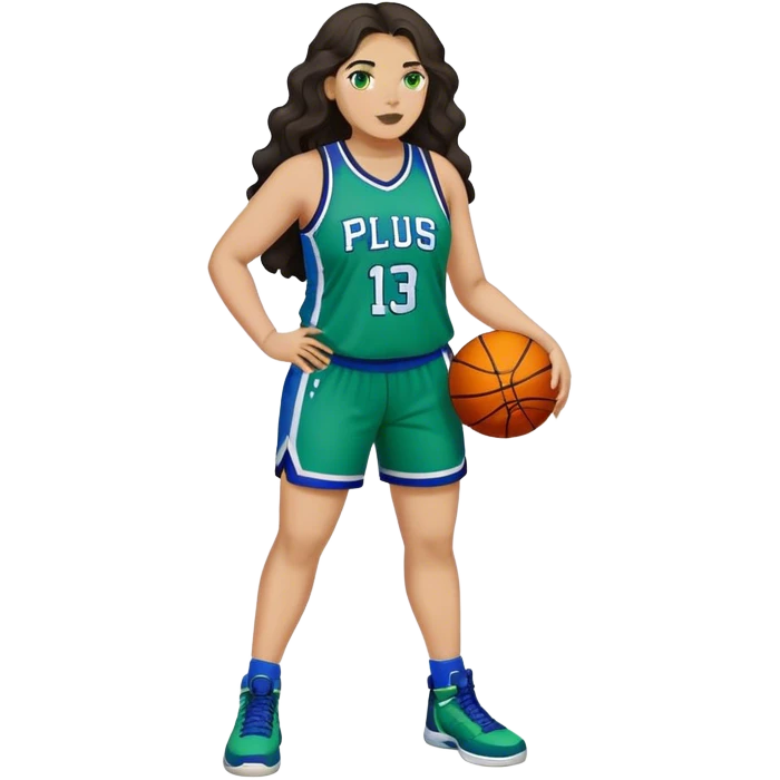 Full Body light skin Latino plus size women basketball player with long wavy dark hair  wearing blue and green uniform emoji
