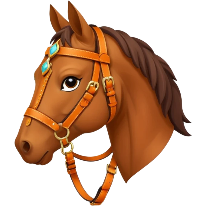 Hermès-style horse head emoji, elegant leather harness with orange and gold accents, luxury, simple and cute emoji