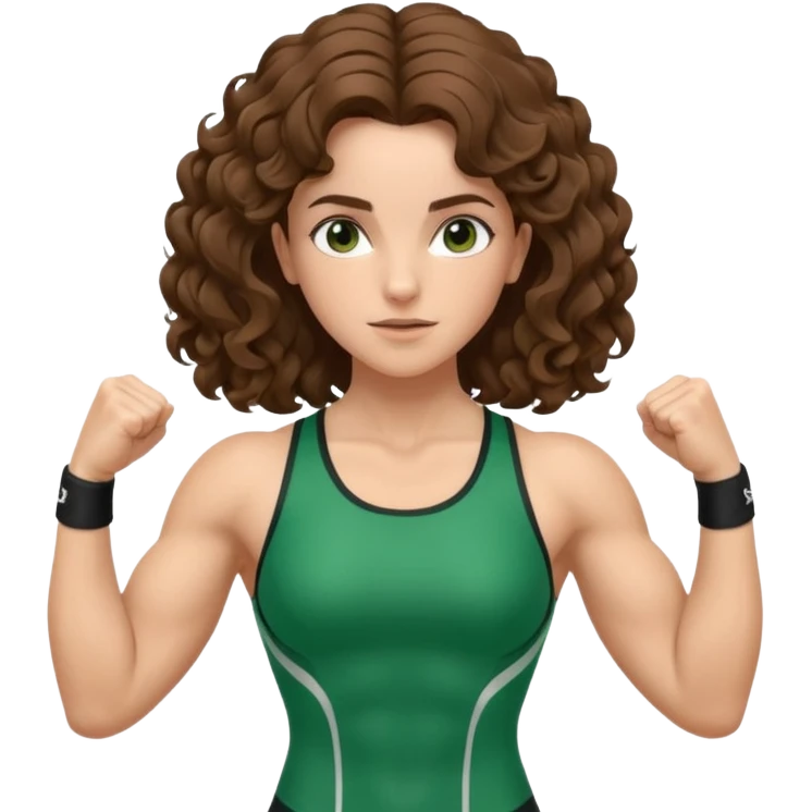 flexing muscles, big biceps, muscled torso, very beautiful italian girl, looking like Emma Watson, with curly and big volume very bright brown hair, dressed in a beautiful green sports costume emoji