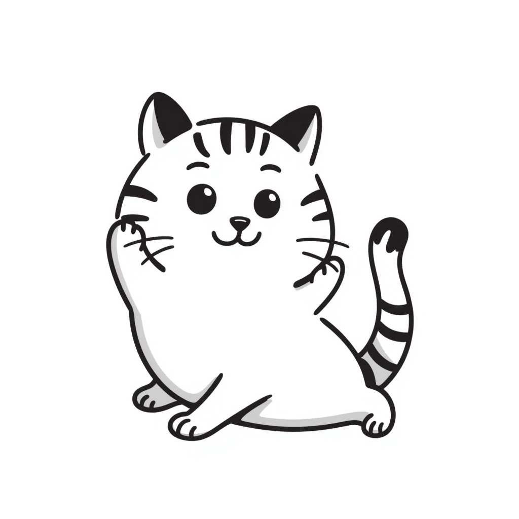 Cute tabby cat with white stomach, hand-drawn style, playful pose showing white belly emoji