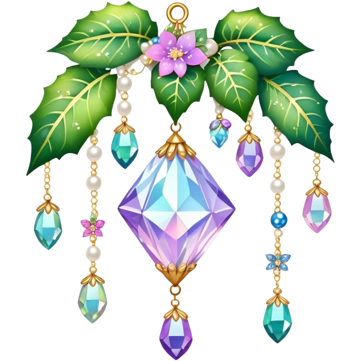 Exotic romantic Few cute tiny Iridescent glistening glossy sparkly shiny glittery hanging crystals pearls and beads and gemstones scenery scenic decorations with ivy and flowers emoji