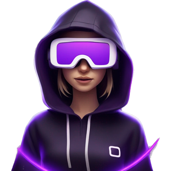 Russian girl wearing black hoody with violet letters "OMG", in vr headset oculus quest2. Standing like jedi. Cyberpunk style. Violet neon. emoji