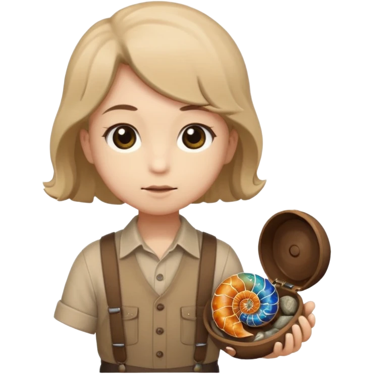 Shelly has a small, chibi-style body with a large ammonite-shaped head that looks like a beige fossil shell. One side of her head has a dark opening, making it clear she isn’t human. Her face is simple and soft, with big round eyes. She wears a brown suspender outfit over a lighter shirt emoji