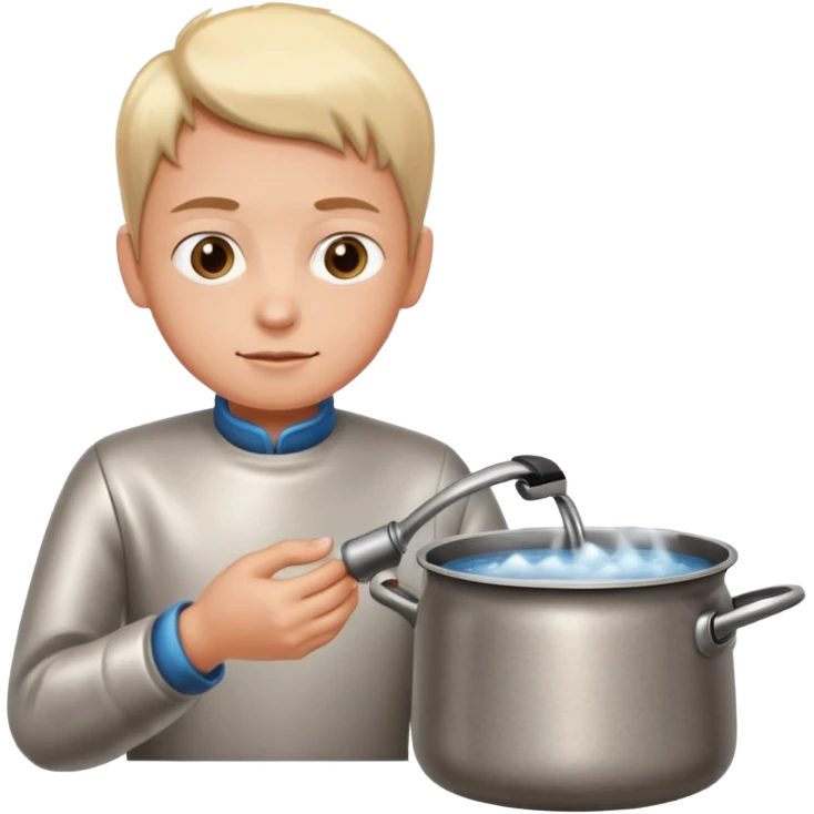 small metal pot filled with boiling water on a stove, visible hot steam and rising bubbles, realistic heat effect, shiny pot surface, bright lighting, clean white background emoji