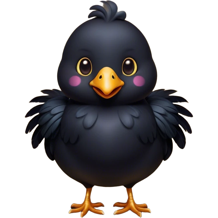 Cinematic Adorable Black Chicken Portrait Emoji, Perched elegantly with silky, deep black feathers, round and chubby with a curious tilt of the head, shimmering dark tones with subtle highlights, bright and inquisitive eyes, highly detailed, glowing with a soft, warm sheen, high shine, confident yet playful, stylized with a whimsical charm, bright and endearing, soft glowing outline, capturing the essence of a mysterious yet lovable farmyard friend, so lively it feels like it could peck at the ground in a moment of curiosity! emoji