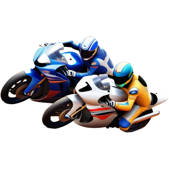A sleek racing car and motorcycle speeding on a track, leaving a trail of dust behind. The scene captures the thrill of high-speed competition, with blurred motion and vibrant colors, highlighting the dynamic energy of motorsport. emoji