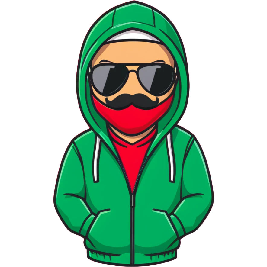 middle-aged man with thin mustache, black aviator sunglasses, red hoodie with hood covering head emoji