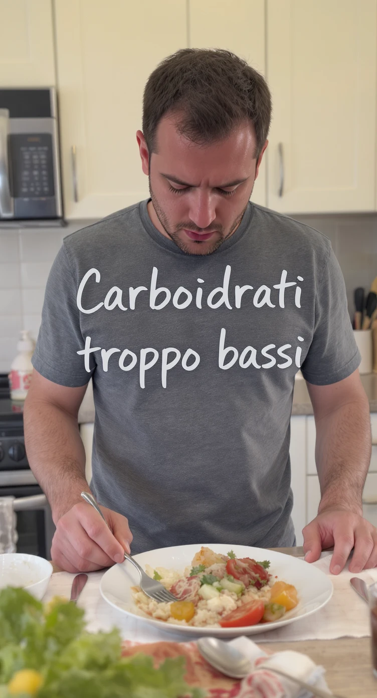 Uomo sui 35 anni in cucina, con espressione affaticata e spenta, guarda un piatto con pochissimi carboidrati (solo qualche verdura e proteine). Accanto a lui, fogli con una dieta rigida e una scritta visibile: 'Carboidrati troppo bassi'. emoji