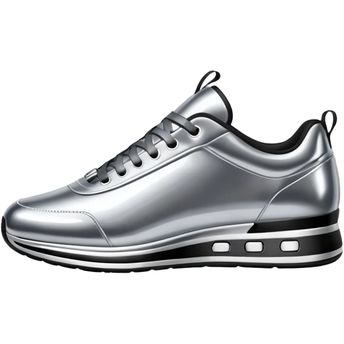 A pair of futuristic sneakers emoji made of silver chrome, sleek streetwear design, smooth metallic panels, subtle reflections, luxury swag aesthetic, iOS emoji style, centered, clean white background emoji