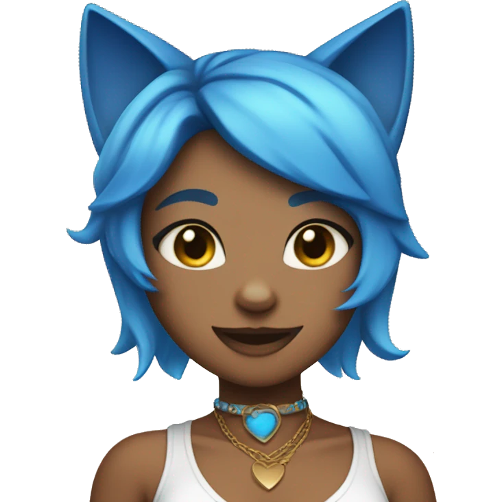 Tan skinned cat girl with blue hair, cat ears, white top, blue necklace and blue eyes emoji