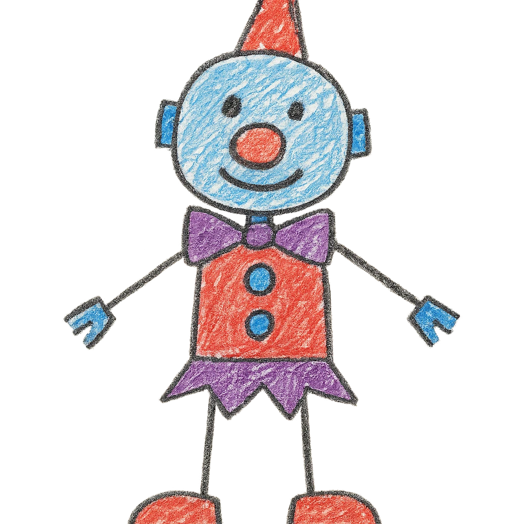 A robot clown in the style of hand drawn children's illustration emoji