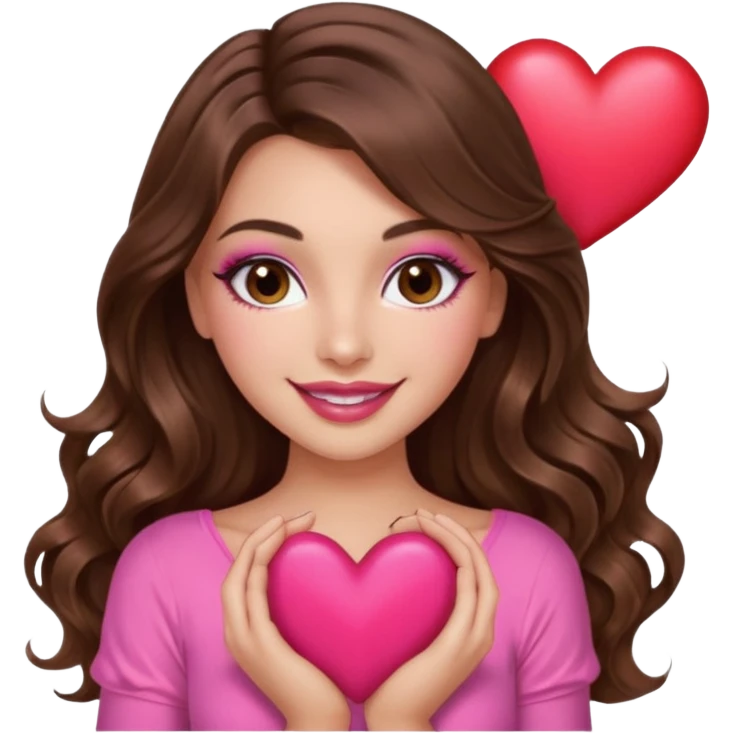 girl with long wavy brown hair, brown eyes, long lashes makeup, sexy pink lips, light to medium complexion, wearing a pink sexy top, smiling, holding a big heart emoji