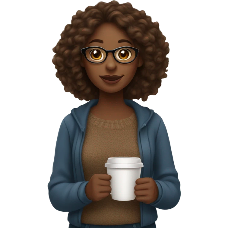 brown long wand curl hair black women sweater brown eyes and small glasses holding coffee emoji