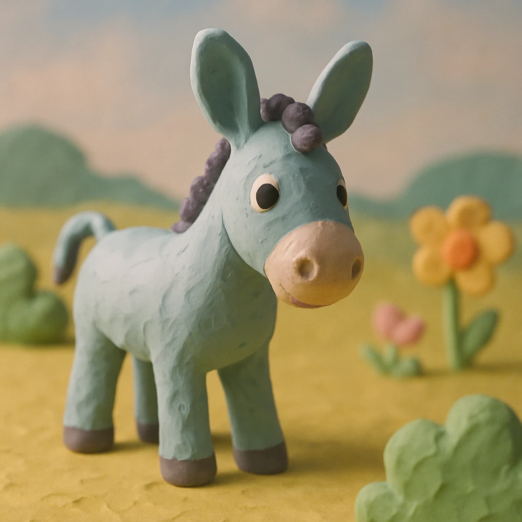 donkey standing in a field, pastel colors, visible fingerprints, playful and textured, claymation style emoji