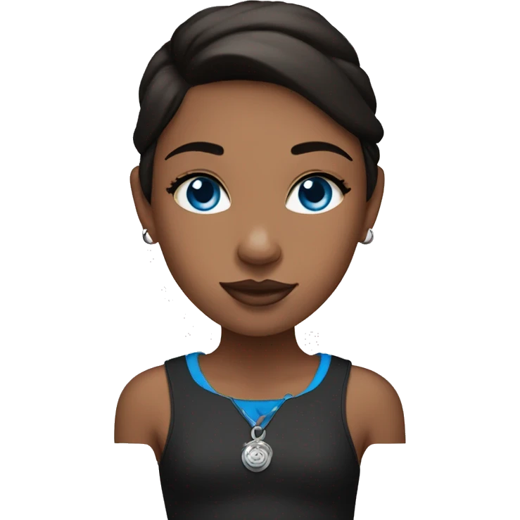 A bruinette girl with blue eyes and black pit bull emoji