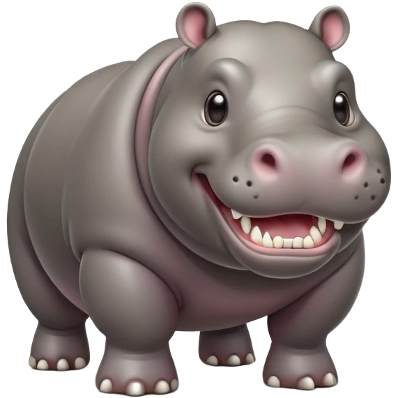 cinematic-hippo-realistic-full-body-side-view-standing-on-all-fours-emoji,-massive-round-frame,-wide-mouthed-grin-exposing-huge-teeth,-head-tilted-dramatically,-thick-grey-hide-glossy, big cute eyes emoji