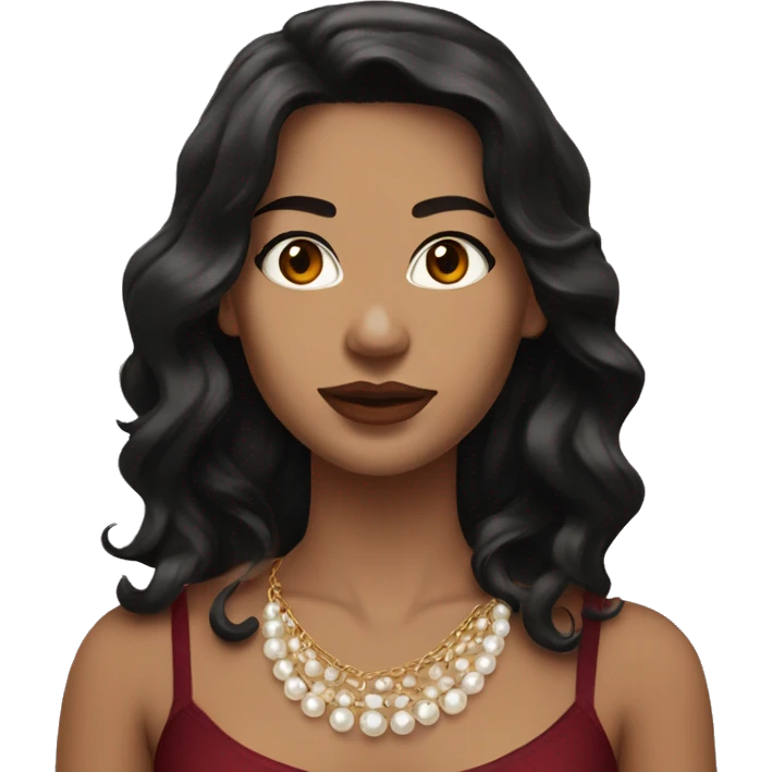 Woman with white skin, long black wavy hair, brown eyes, gold necklace, pearl earrings, red maroon tube top emoji