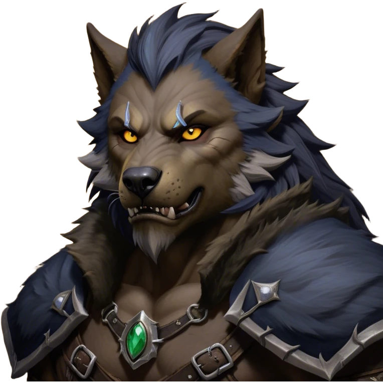 Cinematic Realistic WoW Worgen Portrait, depicted as a fearsome blend of man and beast, with rugged, dark fur intermingling with tanned, weathered skin. His piercing amber eyes and fierce expression are framed by disheveled hair and subtly detailed, worn leather attire in dark, consistent hues. Rendered with lifelike texture and dramatic, natural lighting, high shine, noble and formidable, capturing the primal nobility of a legendary worgen warrior. emoji
