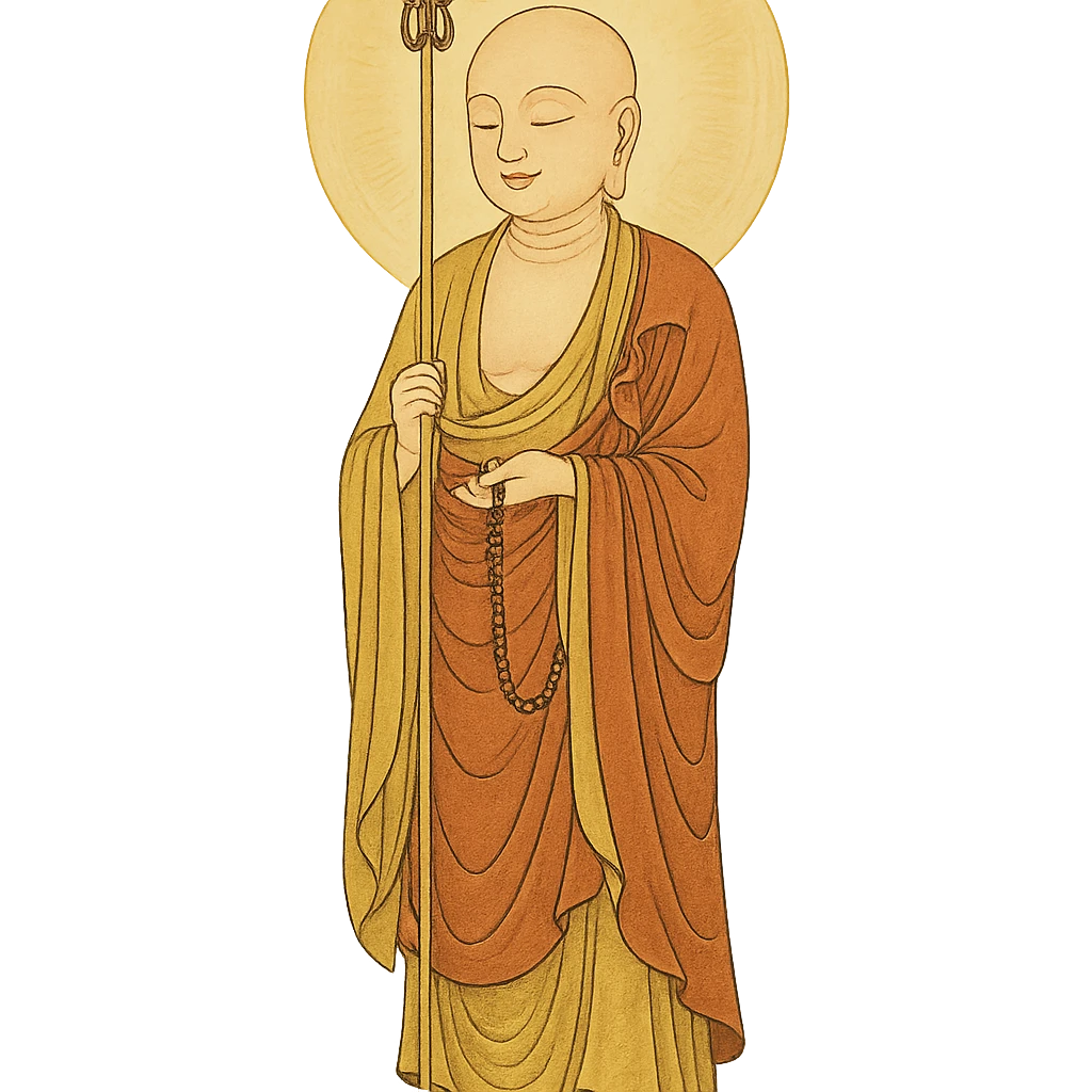 Kṣitigarbha bodhisattva, standing, holding a staff with metal rings, monk's robes, compassionate smile, Buddhist halo emoji