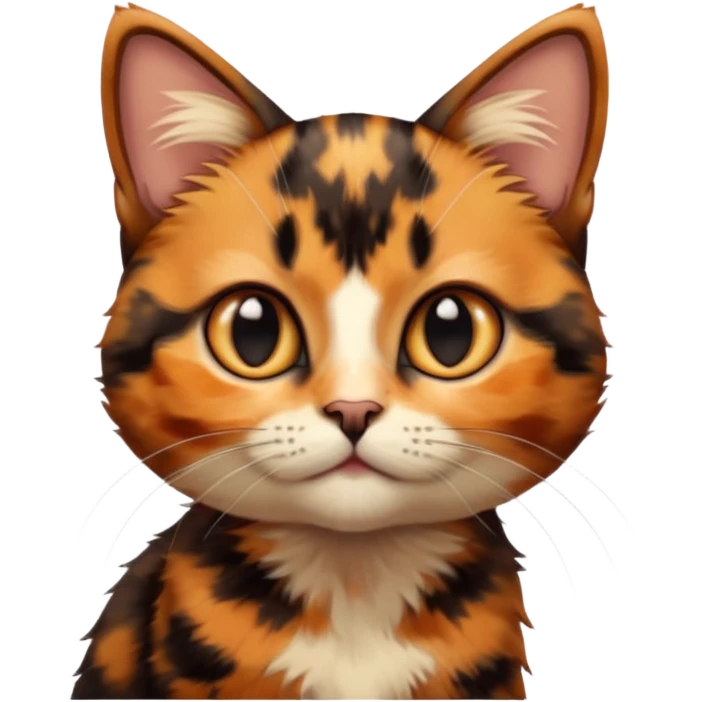 A high-resolution photo-realistic digital illustration of a brown orange black multicoloured  tortoiseshell cat kitten, chest upward emoji