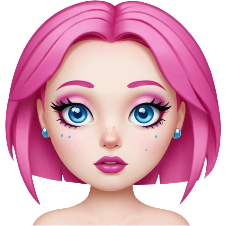 pretty bratz baddie, pale skin, bright pink hair, freckles, blue eyes with septum emoji