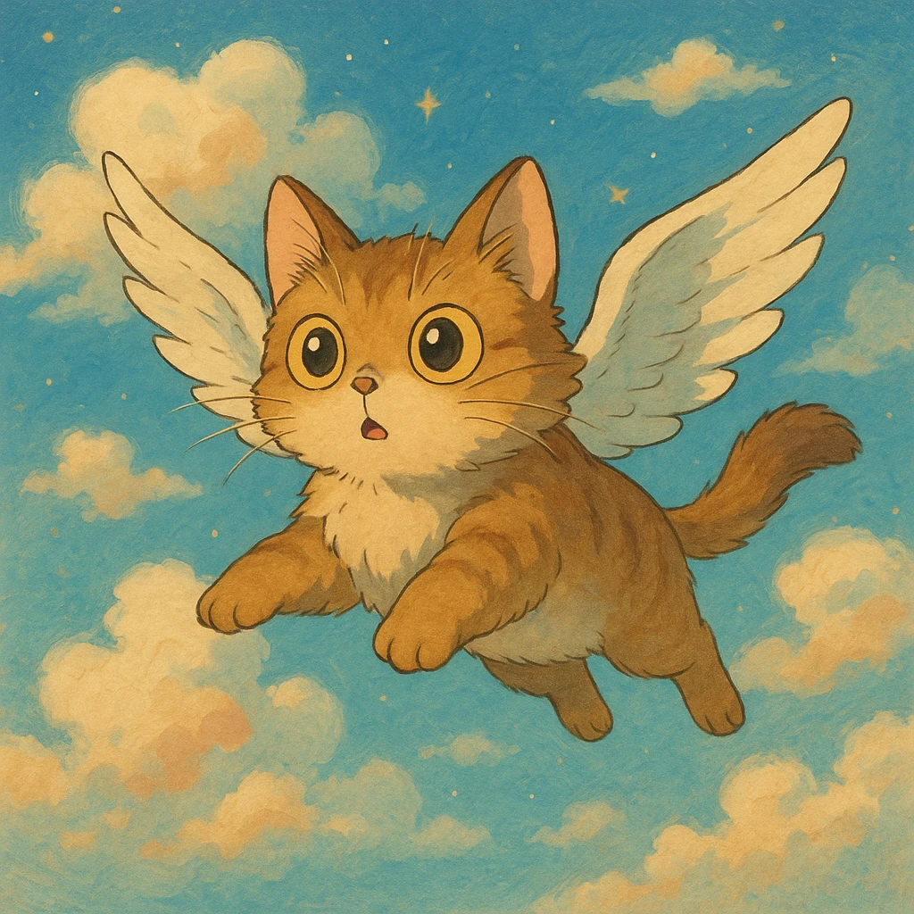 flying cat with expressive eyes in a dreamy sky background in ghibli style emoji